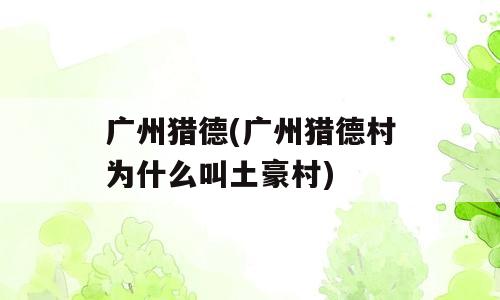 广州猎德(广州猎德村为什么叫土豪村)