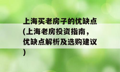 上海买老房子的优缺点(上海老房投资指南，优缺点解析及选购建议)